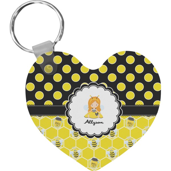 Custom Honeycomb, Bees & Polka Dots Heart Plastic Keychain w/ Name or Text