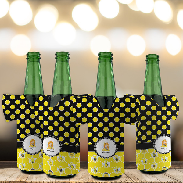 Honeycomb, Bees & Polka Dots Jersey Bottle Cooler - Set of 4 - LIFESTYLE