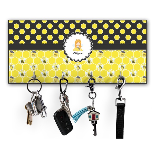 Custom Honeycomb, Bees & Polka Dots Key Hanger w/ 4 Hooks w/ Graphics and Text