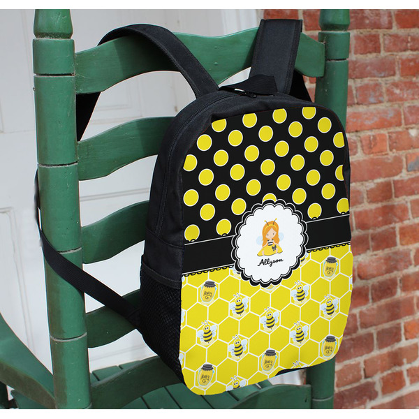Honeycomb, Bees & Polka Dots Kids Backpack - In Context