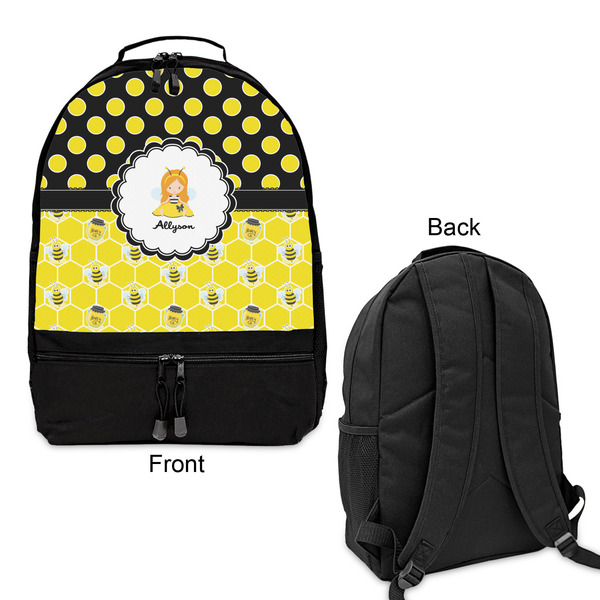 Honeycomb, Bees & Polka Dots Large Backpack - Black - Front & Back View