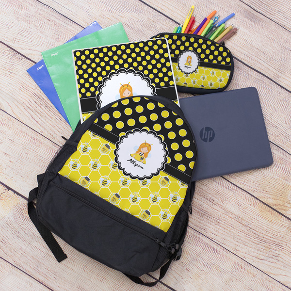 Honeycomb, Bees & Polka Dots Large Backpack - Black - With Stuff