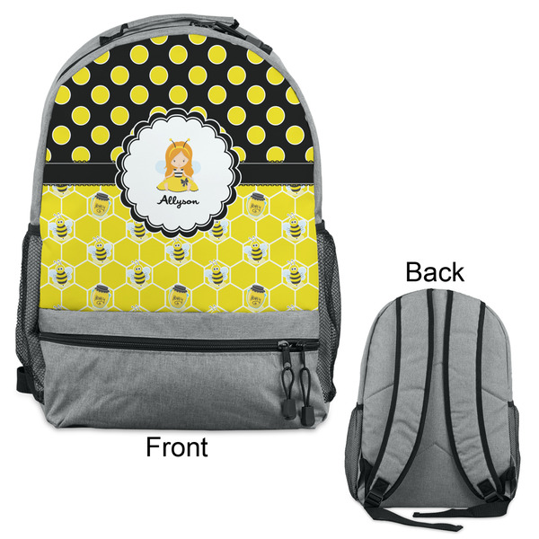Honeycomb, Bees & Polka Dots Large Backpack - Gray - Front & Back View