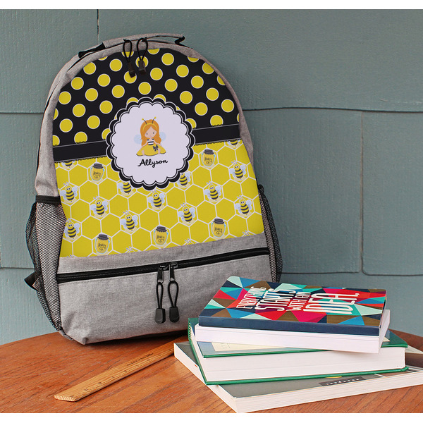 Honeycomb, Bees & Polka Dots Large Backpack - Gray - On Desk