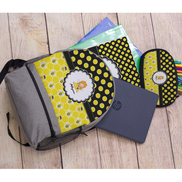 Honeycomb, Bees & Polka Dots Large Backpack - Gray - With Stuff