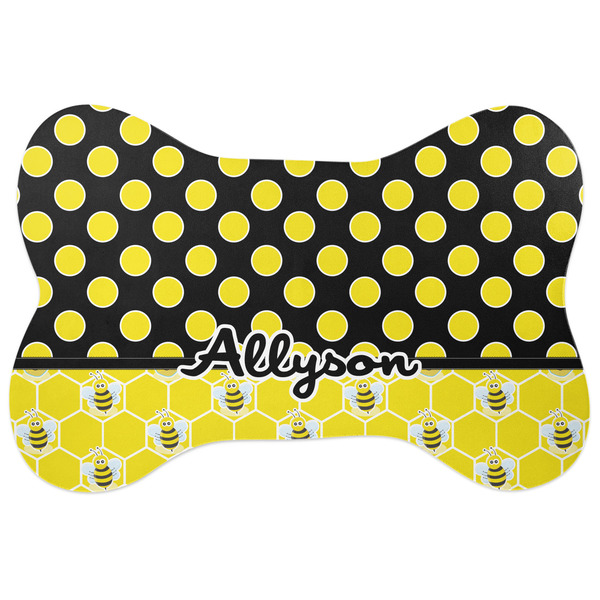 Custom Honeycomb, Bees & Polka Dots Bone Shaped Dog Food Mat (Large) (Personalized)