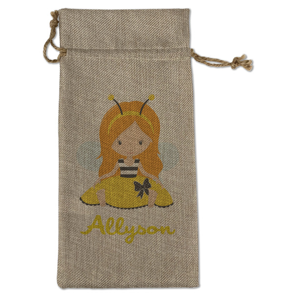 Custom Honeycomb, Bees & Polka Dots Large Burlap Gift Bag - Front (Personalized)