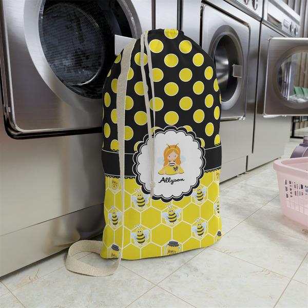 Honeycomb, Bees & Polka Dots Large Laundry Bag - In Context