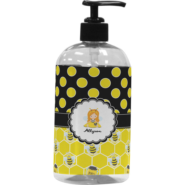 Custom Honeycomb, Bees & Polka Dots Plastic Soap / Lotion Dispenser (16 oz - Large - Black) (Personalized)