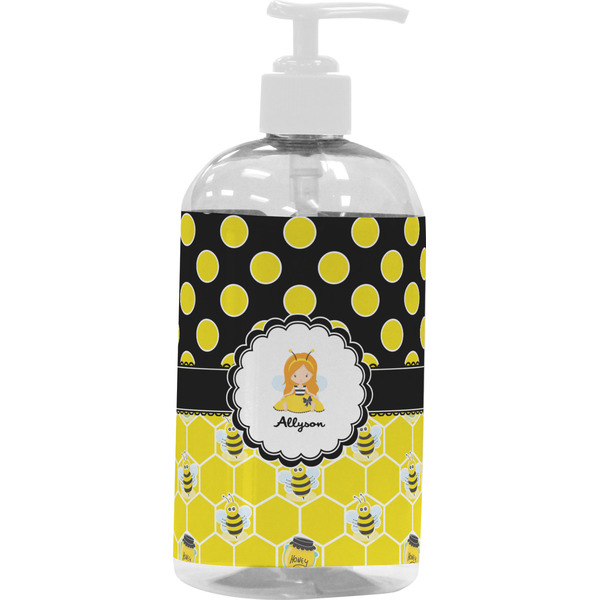 Custom Honeycomb, Bees & Polka Dots Plastic Soap / Lotion Dispenser (16 oz - Large - White) (Personalized)