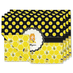 Honeycomb, Bees & Polka Dots Double-Sided Linen Placemat - Set of 4 w/ Name or Text
