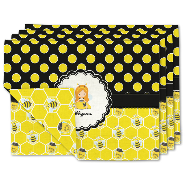 Custom Honeycomb, Bees & Polka Dots Double-Sided Linen Placemat - Set of 4 w/ Name or Text