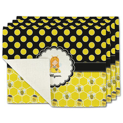 Honeycomb, Bees & Polka Dots Single-Sided Linen Placemat - Set of 4 w/ Name or Text