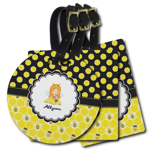 Custom Honeycomb, Bees & Polka Dots Plastic Luggage Tag (Personalized)