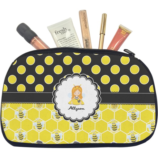 Custom Honeycomb, Bees & Polka Dots Makeup / Cosmetic Bag - Medium (Personalized)