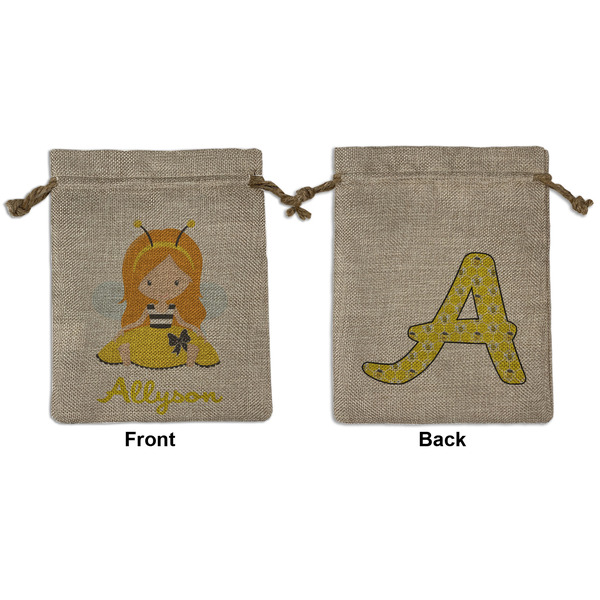 Custom Honeycomb, Bees & Polka Dots Medium Burlap Gift Bag - Front & Back (Personalized)