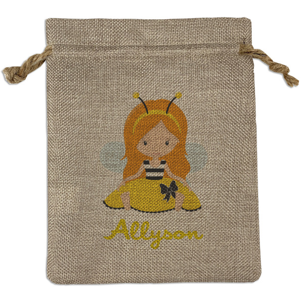 Custom Honeycomb, Bees & Polka Dots Medium Burlap Gift Bag - Front (Personalized)
