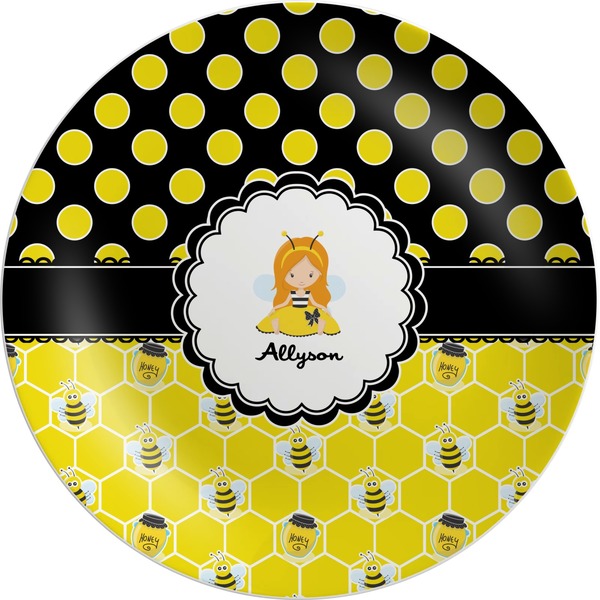 Custom Honeycomb, Bees & Polka Dots Melamine Plate (Personalized)