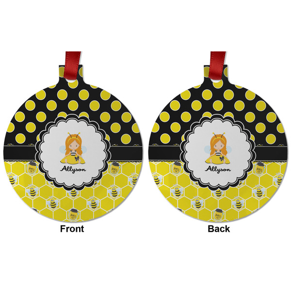 Honeycomb, Bees & Polka Dots Metal Ball Ornament - Front and Back