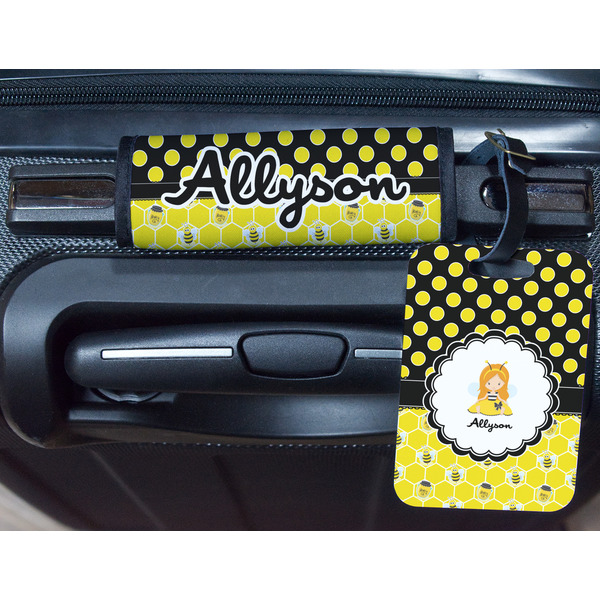Honeycomb, Bees & Polka Dots Metal Luggage Tag & Handle Wrap - In Context