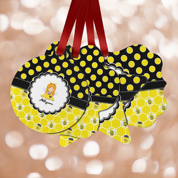 Custom Honeycomb, Bees & Polka Dots Metal Ornaments - Double Sided w/ Name or Text