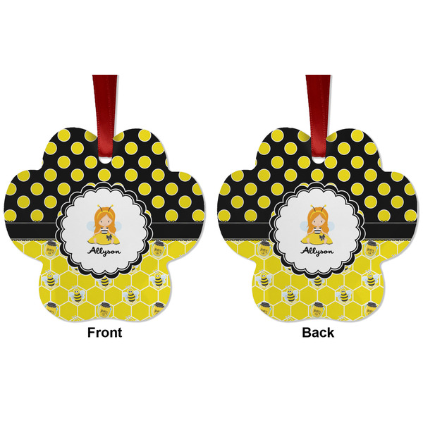 Honeycomb, Bees & Polka Dots Metal Paw Ornament - Front and Back