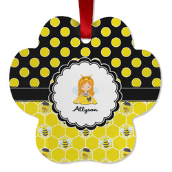 Honeycomb, Bees & Polka Dots Metal Paw Ornament - Double Sided w/ Name or Text