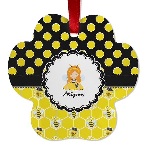 Custom Honeycomb, Bees & Polka Dots Metal Paw Ornament - Double Sided w/ Name or Text