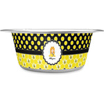 Honeycomb, Bees & Polka Dots Stainless Steel Dog Bowl - Large (Personalized)