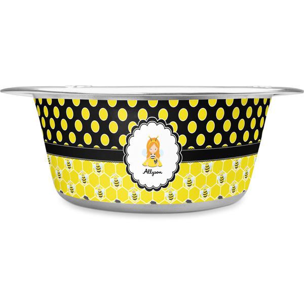 Custom Honeycomb, Bees & Polka Dots Stainless Steel Dog Bowl - Small (Personalized)