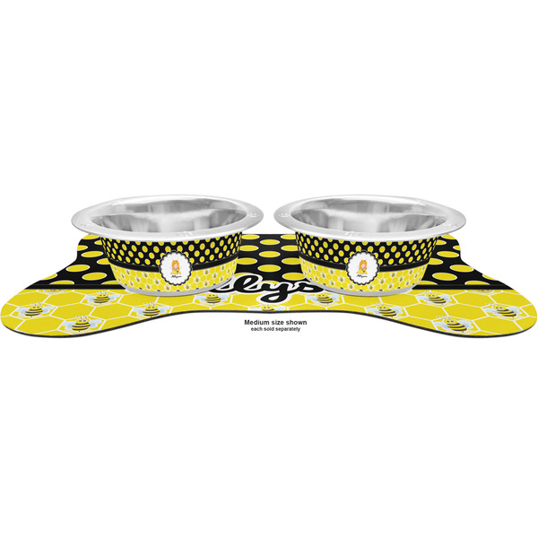 Honeycomb, Bees & Polka Dots Metal Pet Bowls - On Dog Bone Shaped Mat