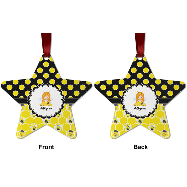 Honeycomb, Bees & Polka Dots Metal Star Ornament - Front and Back