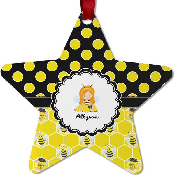Custom Honeycomb, Bees & Polka Dots Metal Star Ornament - Double Sided w/ Name or Text