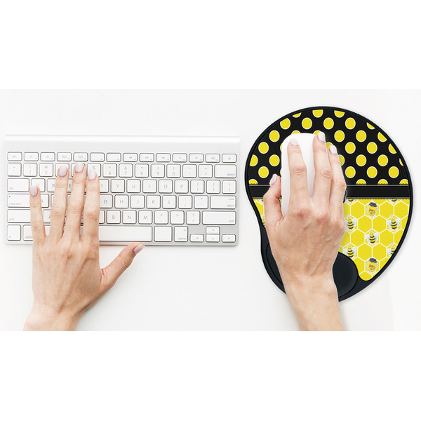 Honeycomb, Bees & Polka Dots Mouse Pad with Wrist Rest - LIFESYTLE 2 (in use)