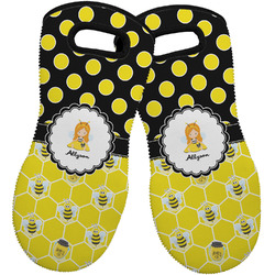 Honeycomb, Bees & Polka Dots Neoprene Oven Mitts - Set of 2 w/ Name or Text