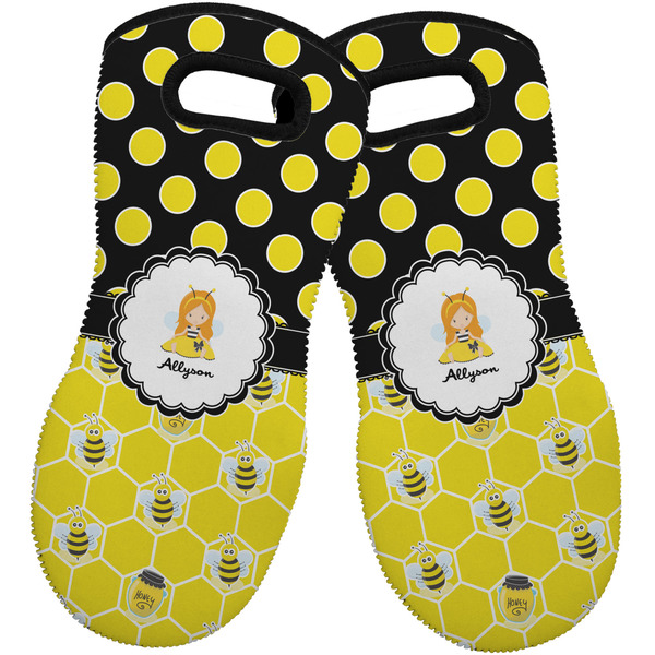 Custom Honeycomb, Bees & Polka Dots Neoprene Oven Mitts - Set of 2 w/ Name or Text