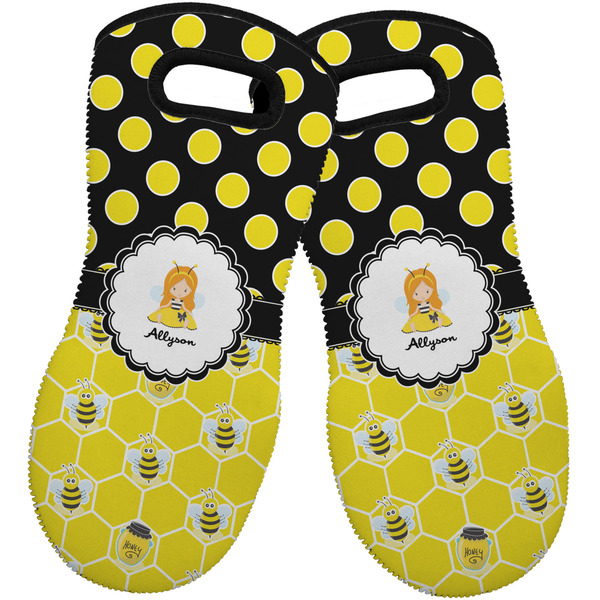 Honeycomb, Bees & Polka Dots Neoprene Oven Mitt -Set of 2 - Front