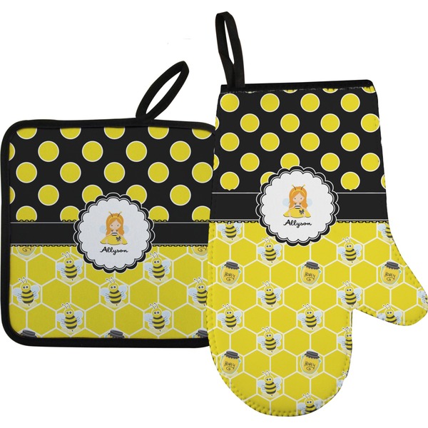 Custom Honeycomb, Bees & Polka Dots Oven Mitt & Pot Holder Set w/ Name or Text