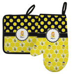 Honeycomb, Bees & Polka Dots Left Oven Mitt & Pot Holder Set w/ Name or Text