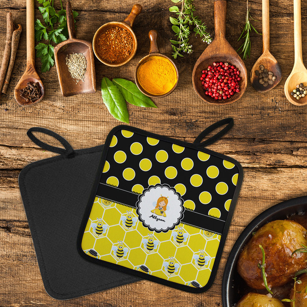 Honeycomb, Bees & Polka Dots Neoprene Pot Holder - Set of 2  LIFESTYLE (Flatlay)