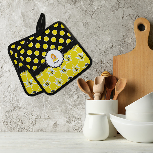 Honeycomb, Bees & Polka Dots Neoprene Pot Holder - Set of 2  LIFESTYLE