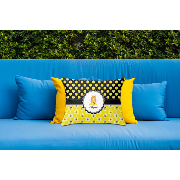 Honeycomb, Bees & Polka Dots Outdoor Throw Pillow  - LIFESTYLE (Rectangular - 20x14)