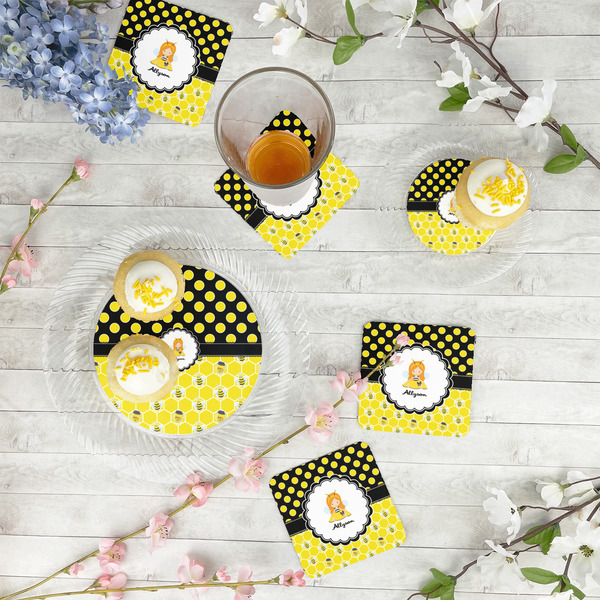 Honeycomb, Bees & Polka Dots Paper Coasters - In Context