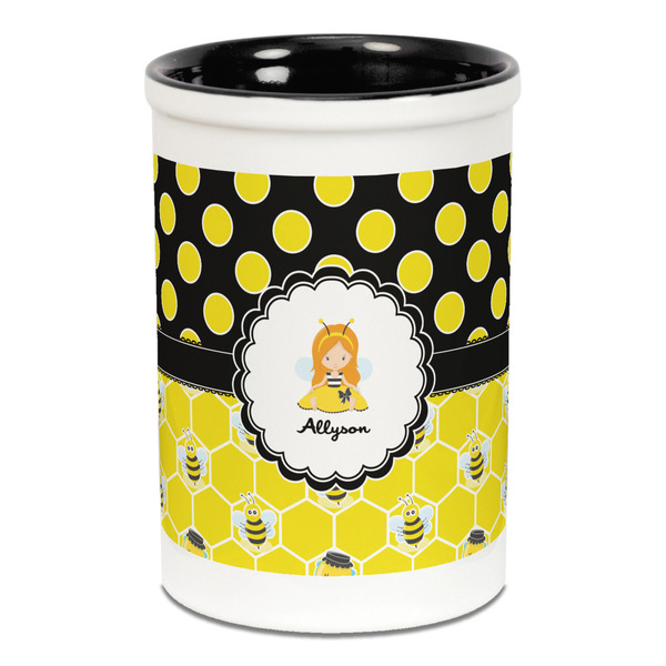 Custom Honeycomb, Bees & Polka Dots Ceramic Pencil Holders - Black