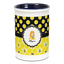 Honeycomb, Bees & Polka Dots Ceramic Pencil Holders - Blue