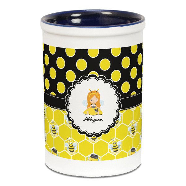 Custom Honeycomb, Bees & Polka Dots Ceramic Pencil Holders - Blue
