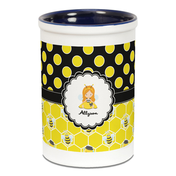 Honeycomb, Bees & Polka Dots Pencil Holder - Blue
