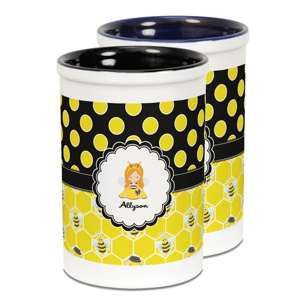 Custom Honeycomb, Bees & Polka Dots Ceramic Pencil Holder - Large