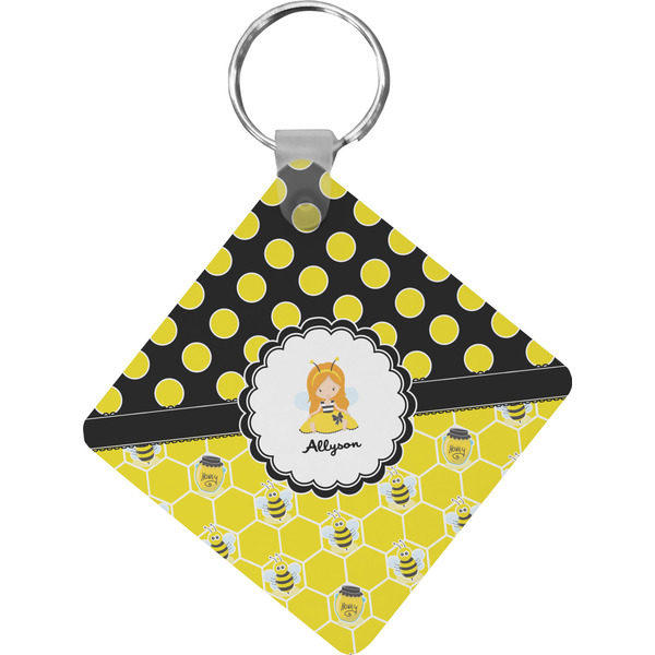 Custom Honeycomb, Bees & Polka Dots Diamond Plastic Keychain w/ Name or Text