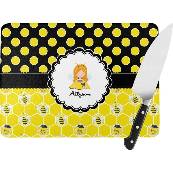 Custom Honeycomb, Bees & Polka Dots Rectangular Glass Cutting Board - Large - 15.25"x11.25" w/ Name or Text